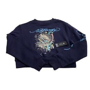 NWT Y2K Ed Hardy Cropped Crewneck Sweatshirt Navy Women's Small‎